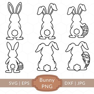 May include: Black and white line art of six Easter bunny designs. Some bunnies hold Easter eggs or baskets. The image includes the text "Bunny PNG" and file type options: SVG, EPS, DXF, and JPG.