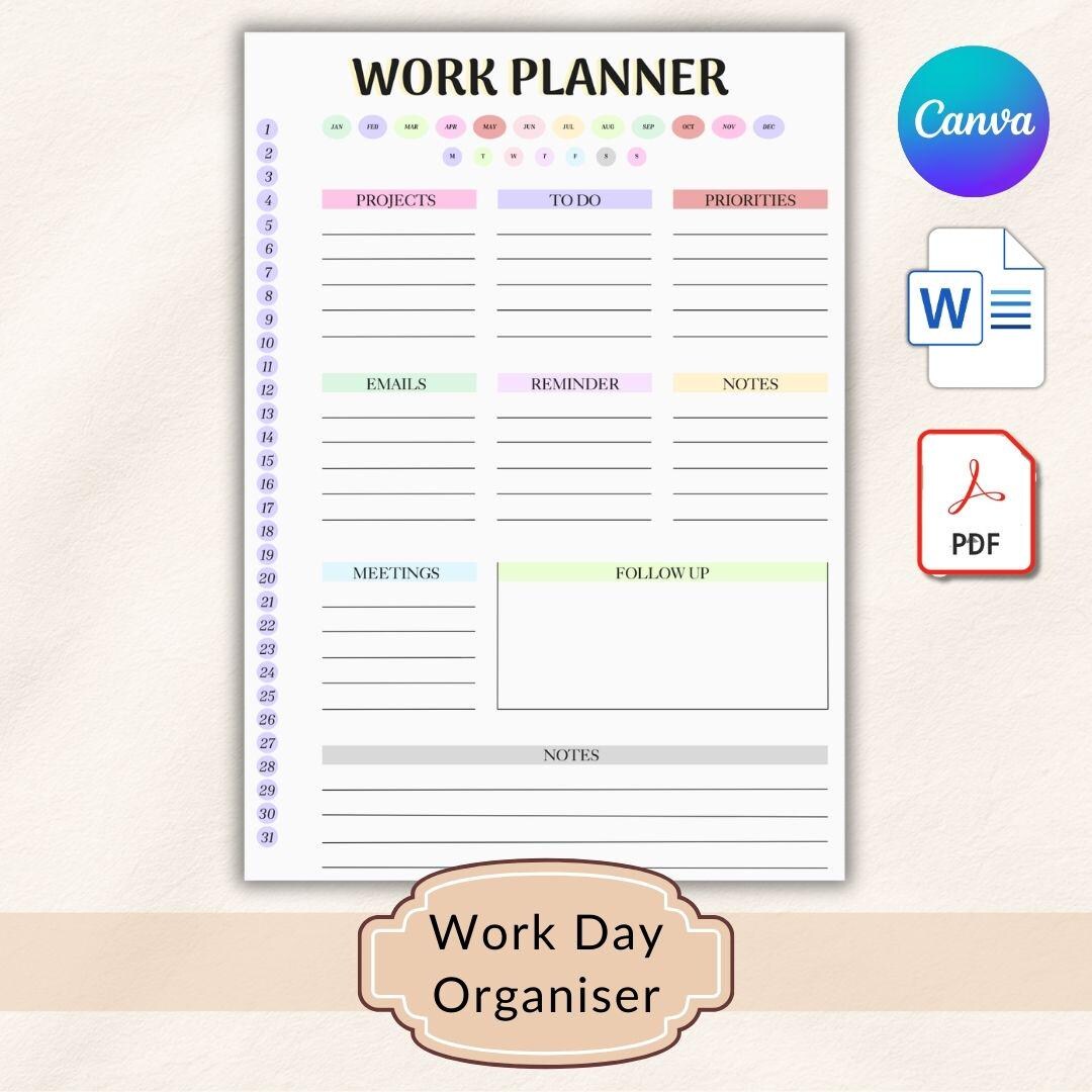 Editable Work Planner Template, Daily Organizer, Productivity Tool ...