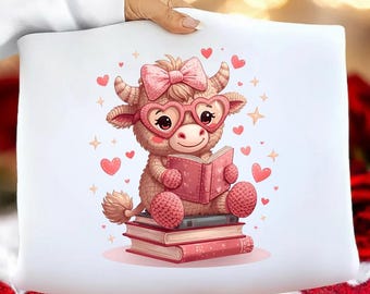 Faux Yarn Bookish Highland Cow Valentine PNG | Cute Reading Cow With Bow | Valentine Book Lover PNG | Cozy Cow Sublimation Design