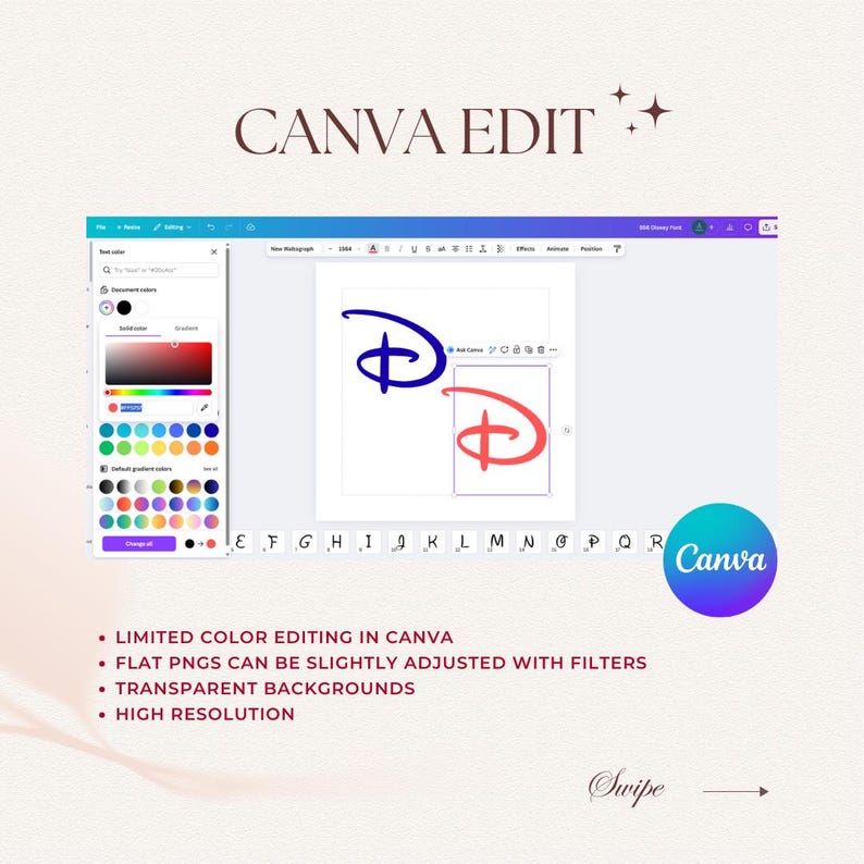 Disney font script Canva edit: blue and red Mickey-inspired intertwined letters on Canva UI; SVG, PNG, PDF, instant download.