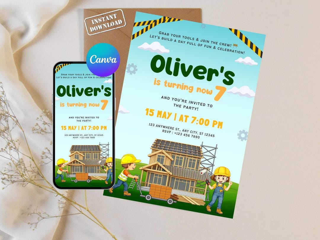 Construction Birthday Invitation Template, Builder Party Invite ...