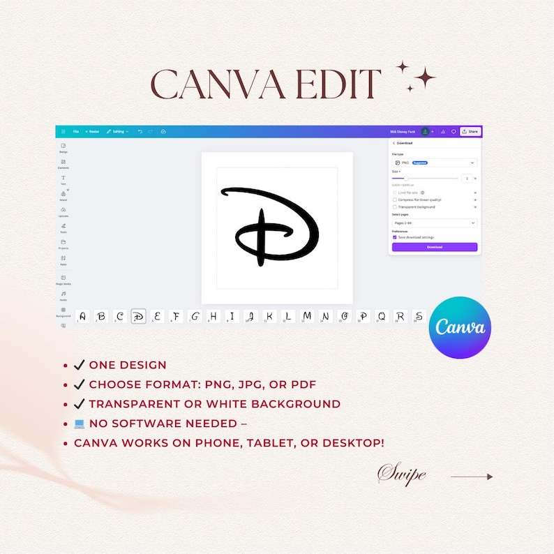 Disney font script SVG Canva Edit: black playful letter on white card, Disney clipart silhouette, and Canva logo.