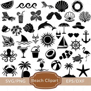 Può includere: Clipart in bianco e nero a tema spiaggia con una varietà di icone estive, tra cui una fetta di anguria, onde, sedie a sdraio, conchiglie, infradito, un delfino, un sole, una barca a vela e un granchio. Il testo "Beach Clipart" è incluso.