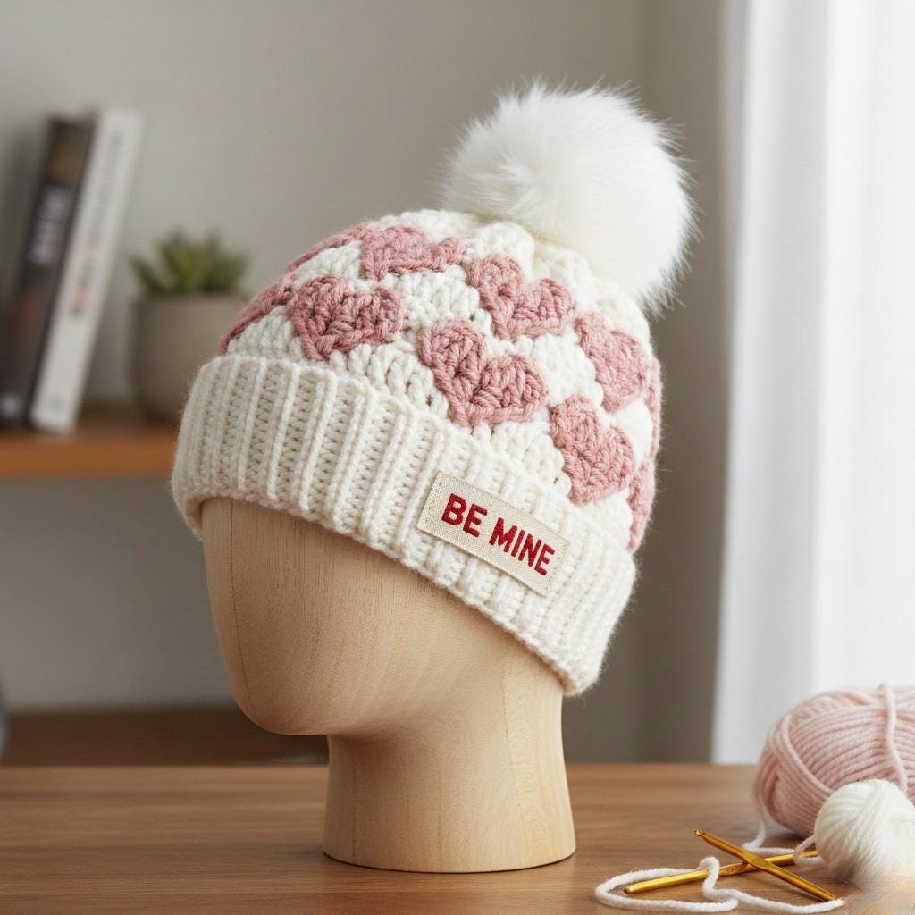 New Custom Designed Beige Cashmere Wool Pom Beanie with Red Heart with Button. Heart Beanie w/ Pom – Bodoke Kids Boutique main image 4