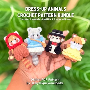 May include: Four small crocheted animal figures including a red panda in a red hood, a raccoon in a blue sweater, a monkey in a black vest and hat, and a fox in a yellow dress. Text reads: DRESS-UP ANIMALS CROCHET PATTERN BUNDLE (Includes 4 animals, 4 outfits & 4 extra add-ons) Digital PDF Pattern By @mystiqueyarndoodle