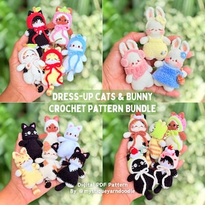 May include: A collection of small, handmade crochet dolls featuring cats and bunnies in various outfits. The text DRESS-UP CATS & BUNNY CROCHET PATTERN BUNDLE and Digital PDF Pattern by @mystiqueyarndoodle are visible over the four image panels.