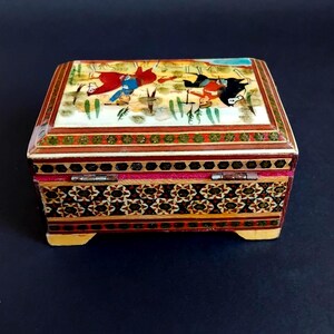 Vintage Persian Khatam Jewellery/ Trinket box- handpainted with micro-mosaic image 3