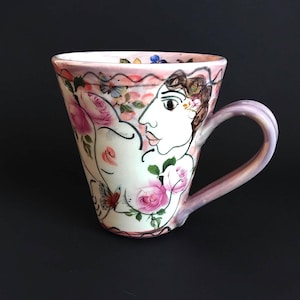 Large pink lady studio mug by Karen Atherley, England