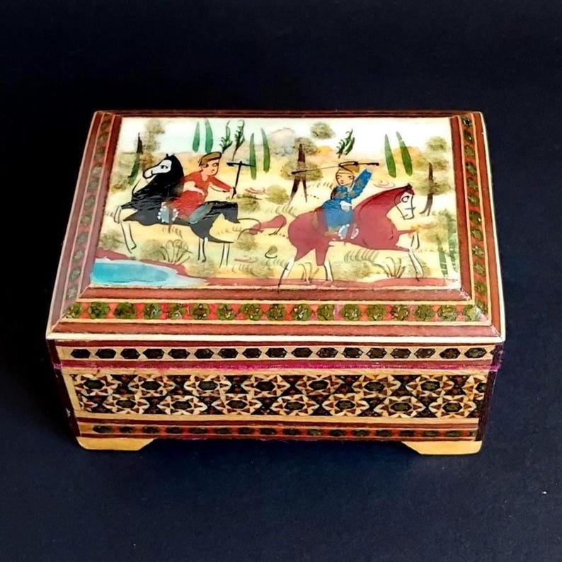 Vintage Persian Khatam Jewellery/ Trinket box- handpainted with micro-mosaic image 4