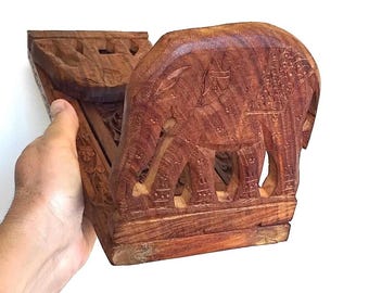 Vintage Folding Wooden Bookshelf - Handcarved Indian Elephants
