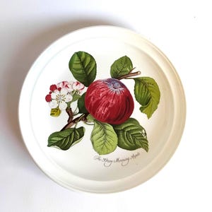 May include: A round white ceramic plate featuring a central illustration of a red apple on a branch with green leaves and white and pink apple blossoms. The text "The Flory Morning Apple" is printed in a cursive script below the illustration.