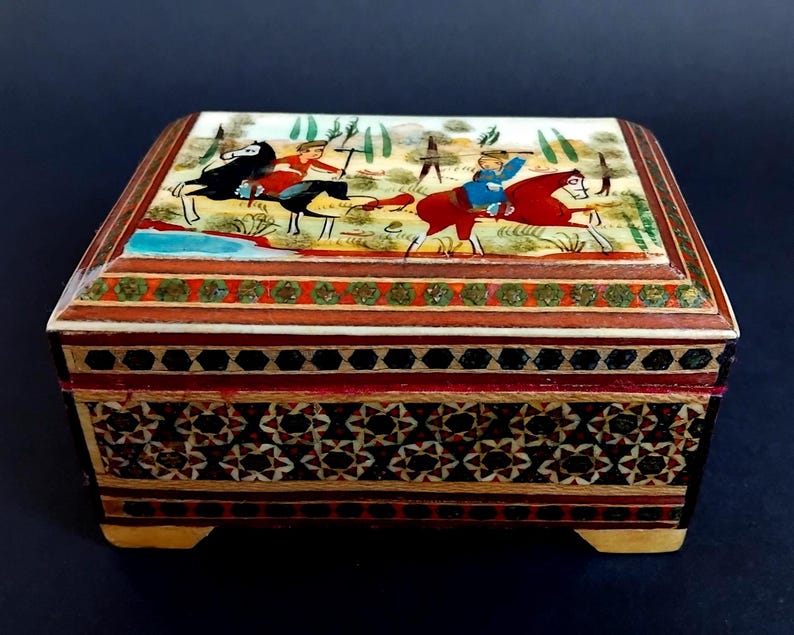 Vintage Persian Khatam Jewellery/ Trinket box- handpainted with micro-mosaic image 2