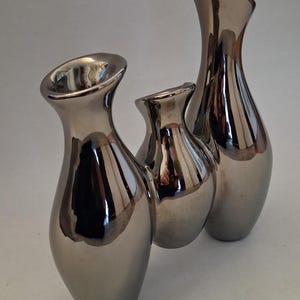 Silver Chrome Ceramic Tri-Vase, Funky Whimsical 3-Spout Bud Vase, MCM Home Decor, Connected Pots Clay Pottery