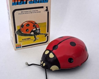 Giocattolo vintage Kaden -Beruska- Coccinella meccanica a carica manuale in latta, anni '70, litografato, giocattolo in latta