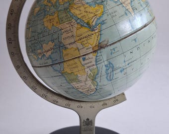 Vintage Tin Globe, Tin Plate World Globe, Chad Valley Co. Ltd Made in England 1940s/1950s, British  Litho Metal World Map, Mid Century