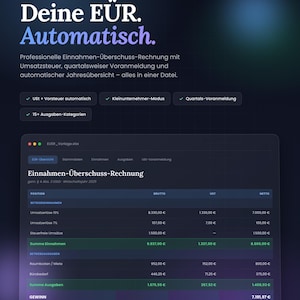 May include: A digital interface showing financial data, including income and expenses, with the title "Deine EUR. Automatisch." The screen is dark with green and white text, and includes a table with financial figures and categories.