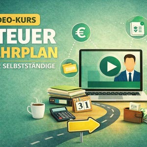May include: An illustration promoting a video course on tax planning. The image features a laptop displaying a video, a coffee cup, calculator, calendar, money, and a road sign. The text reads "VIDEO-KURS STEUER FAHRPLAN FÜR SELBSTSTÄNDIGE".