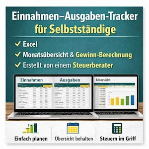 Puede incluir: Dos portátiles muestran hojas de cálculo financieras. La imagen incluye texto en alemán: "Einnahmen-Ausgaben-Tracker für Selbstständige" (Seguimiento de ingresos y gastos para autónomos). El texto adicional incluye "Excel", "Resumen mensual y cálculo de beneficios".