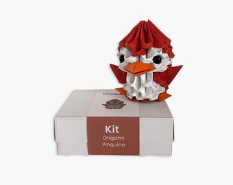 3D origami penguin kit for DIY assembly. Includes paper instructions and a QR code to access the assembly video.