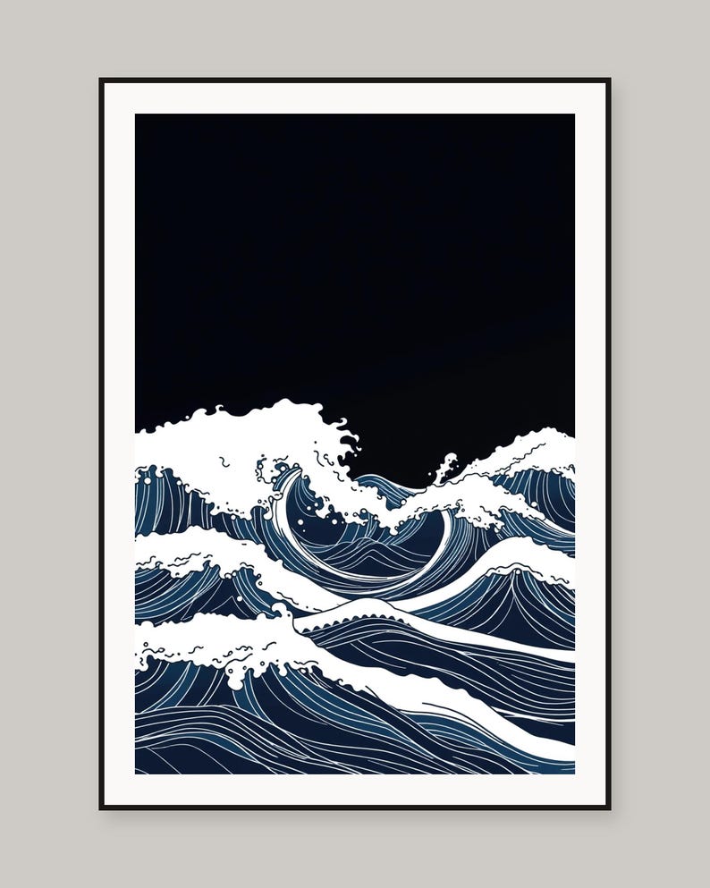 Ozeanwellen-Linienzeichnung, druckbare Wandbilder, digitaler Download, Sofort-Download-Druckset Bild 2