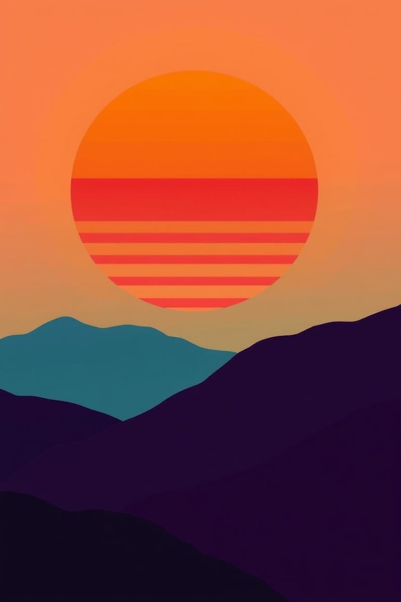 Retro-Wandbild „Sunset Stripes“ im 70er-Jahre-Stil zum Ausdrucken, digitaler Download, Sofort-Download-Set Bild 1
