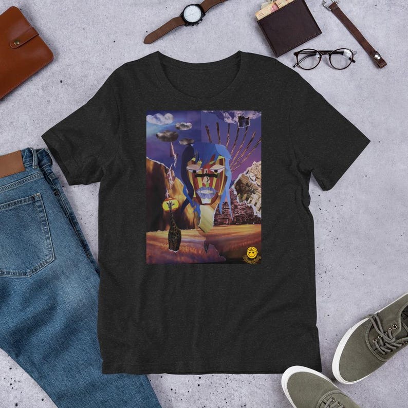 Fantasy Collage Graphic Tee – Abstract Face & Sunset City – Artsy Unisex Shirt