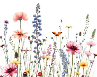 Aquarell-Wandbild „Wildblumenwiese“ zum Ausdrucken, digitaler Download, Sofort-Download-Druckset