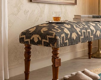 Handmade Kilim Bench - Upholstered Southwestern Wood Bench, Boho Entryway Seating Rustic Tribal Pattern Ottoman, Turkish Style Bench