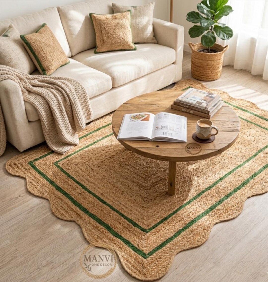 Wave Edge Rug Wavy Edge Jute Rug, Green Trim Wavy Edge Rug, Wavy Border Hall Rug ...