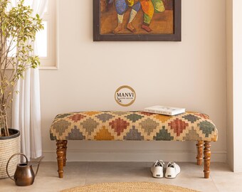 Multicolor Wool Jute Kilim Bench, BOHO entryway Bench, Vintage Geometric Wooen SEATING bench, Kilim Ottoman, Cutom Size Avaiable
