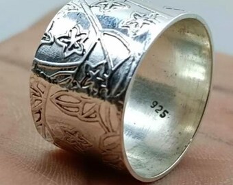 Handcrafted Wide Silver Band | Floral Design 925 Sterling Silver Thumb Ring