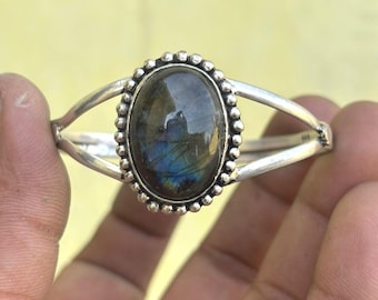 Handmade 925 Sterling Silver Labradorite Bangle, Blue Flash Gemstone Cuff Bracelet