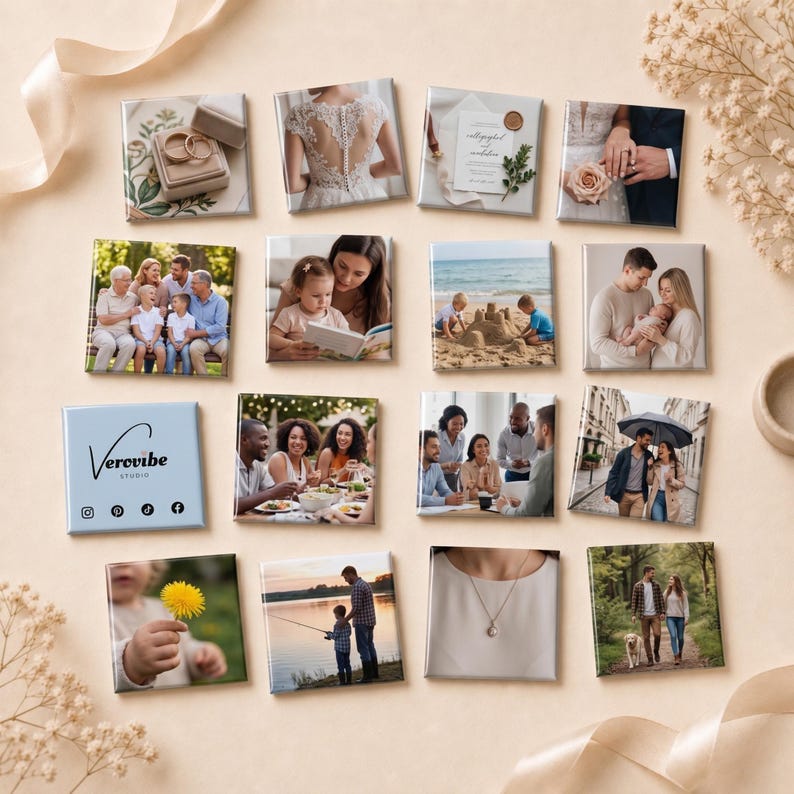 K&ouml;nnte beinhalten: Eine Sammlung von vierzehn quadratischen Fotomagneten mit verschiedenen pers&ouml;nlichen Bildern, darunter Hochzeitsdetails, Familienportr&auml;ts, Au&szlig;enaufnahmen und ein Markenmagnet mit dem Text Verovibe studio und Social-Media-Symbolen.