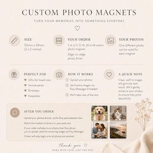 K&ouml;nnte beinhalten: Infografik f&uuml;r benutzerdefinierte Fotomagnete auf beigem Hintergrund. Details umfassen eine Gr&ouml;&szlig;e von 50mm x 50mm, Bestellmengen von 1 bis 24 und Anweisungen zum Hochladen von Fotos. Enth&auml;lt Symbole f&uuml;r Gr&ouml;&szlig;e, Bestellung, Fotos und den Prozess.