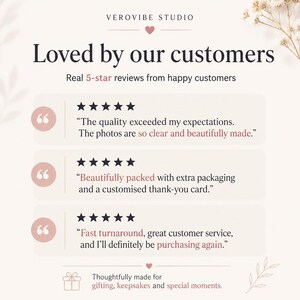 K&ouml;nnte beinhalten: Eine grafische Darstellung mit dem Titel VEROVIBE STUDIO, dem Text Loved by our customers und Real 5-star reviews from happy customers. Sie enth&auml;lt drei Erfahrungsberichte mit F&uuml;nf-Sterne-Bewertungen und einen Hinweis zu Geschenken.