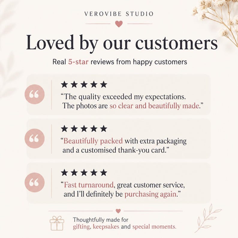 K&ouml;nnte beinhalten: Eine grafische Darstellung mit dem Titel VEROVIBE STUDIO, dem Text Loved by our customers und Real 5-star reviews from happy customers. Sie enth&auml;lt drei Erfahrungsberichte mit F&uuml;nf-Sterne-Bewertungen und einen Hinweis zu Geschenken.