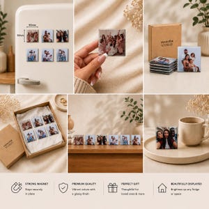 K&ouml;nnte beinhalten: Ein Set quadratischer Fotomagnete mit individuellen Familienbildern und gl&auml;nzender Oberfl&auml;che. Jeder Magnet misst 50mm mal 50mm. Das Set enth&auml;lt eine braune Karton-Geschenkbox mit der Aufschrift verovibe studio. Die Magnete sind an einem K&uuml;hlschrank, in einer Hand und in einer Box zu sehen.