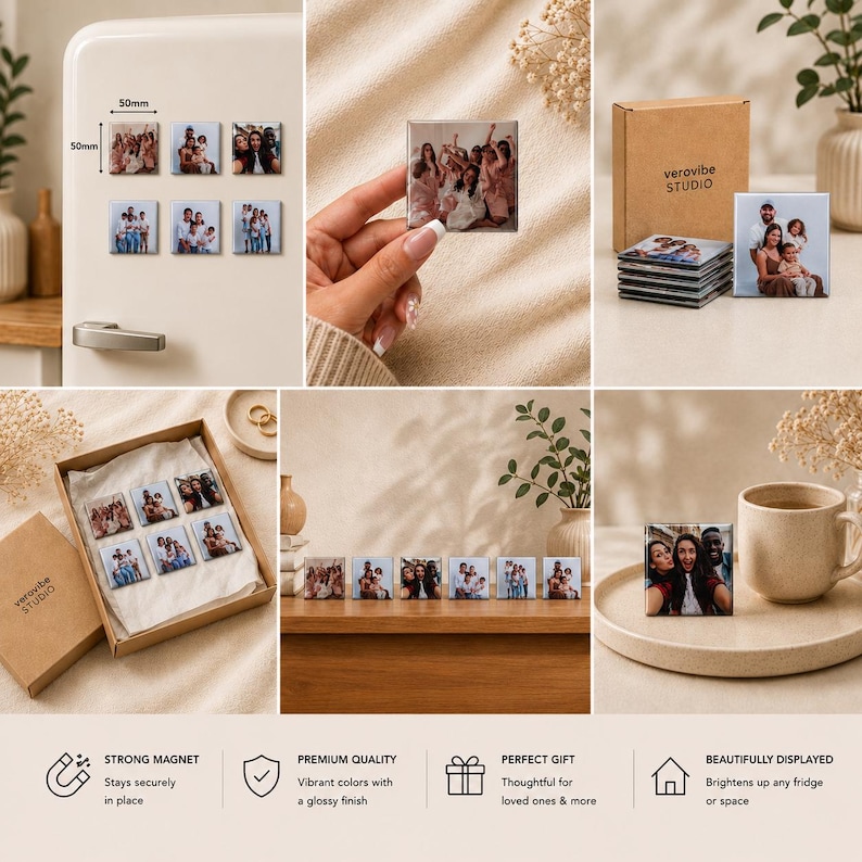 K&ouml;nnte beinhalten: Ein Set quadratischer Fotomagnete mit individuellen Familienbildern und gl&auml;nzender Oberfl&auml;che. Jeder Magnet misst 50mm mal 50mm. Das Set enth&auml;lt eine braune Karton-Geschenkbox mit der Aufschrift verovibe studio. Die Magnete sind an einem K&uuml;hlschrank, in einer Hand und in einer Box zu sehen.