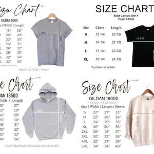May include: Size charts for Gildan 5000, Bella Canvas 3001Y, Gildan 18500, and Gildan 18000 apparel. Charts display chest, width, length, and sleeve measurements in inches for various sizes of t-shirts, hoodies, and sweatshirts.