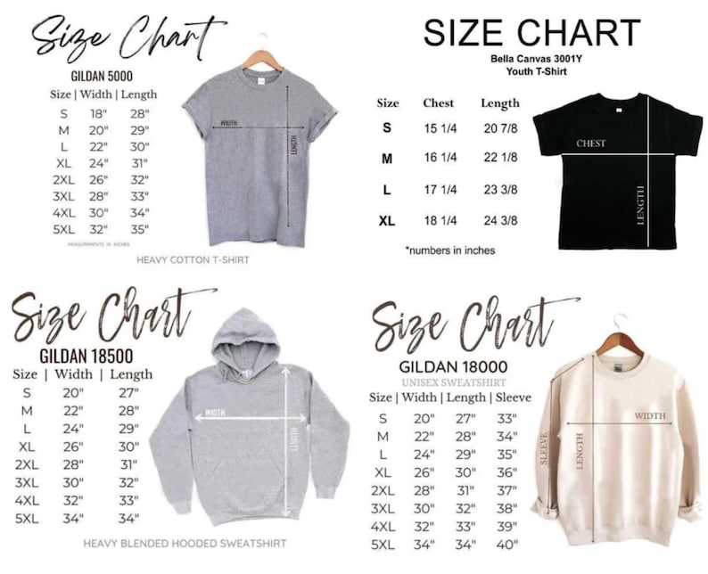 May include: Size charts for Gildan 5000, Bella Canvas 3001Y, Gildan 18500, and Gildan 18000 apparel. Charts display chest, width, length, and sleeve measurements in inches for various sizes of t-shirts, hoodies, and sweatshirts.