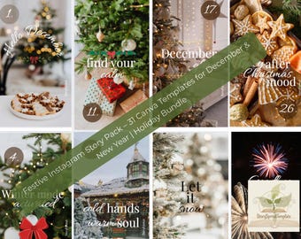 May include: A collection of festive Instagram story templates for December and New Year. The images include Christmas trees, holiday decorations, cookies, and text overlays like "Hello December" and "Let it snow."