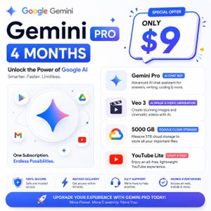 Gemini Pro 4 månaders prenumeration | Google AI Premium | Veo 3 AI-video- och bildgenerering | 5 TB molnlagring | YouTube Lite bild 1