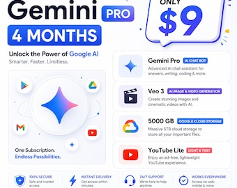 Gemini Pro 4 månaders prenumeration | Google AI Premium | Veo 3 AI-video- och bildgenerering | 5 TB molnlagring | YouTube Lite
