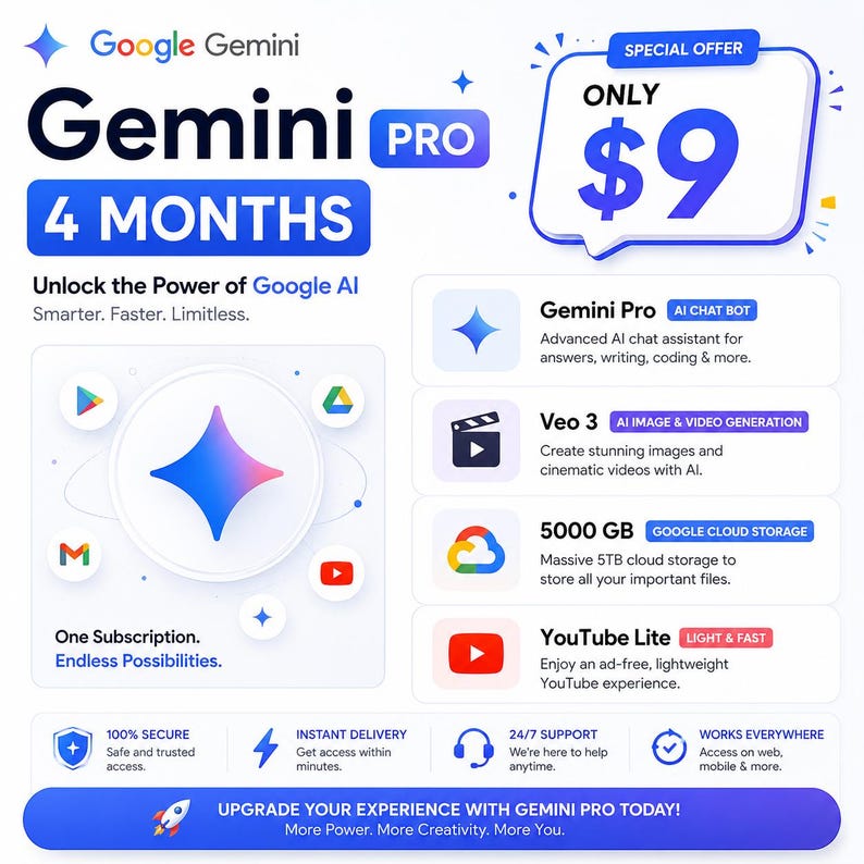 Gemini Pro 4 månaders prenumeration | Google AI Premium | Veo 3 AI-video- och bildgenerering | 5 TB molnlagring | YouTube Lite bild 1