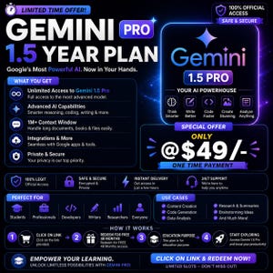 以下が含まれることがあります： Google AI 製品である Gemini 1.5 Pro のプロモーション グラフィック。画像には Gemini のロゴ、49 ドルの特別オファー、無制限アクセス、高度な AI 機能、統合などの詳細が記載されています。学生、専門家、開発者、ライター、研究者を対象としています。