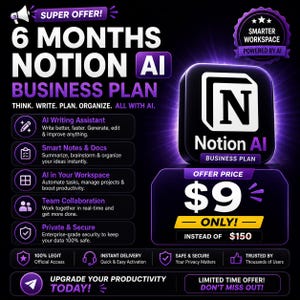 Könnte beinhalten: Werbegrafik für den Notion AI Business Plan, die 6 Monate Zugang bietet. Das Design zeigt ein lila und schwarzes Farbschema mit dem Notion AI-Logo und Text, der Funktionen wie KI-Schreiben und Arbeitsbereichsautomatisierung hervorhebt.