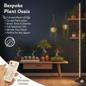 May include: A black floor lamp with integrated LED lights illuminates a display of bonsai trees and hanging plants. The image includes a remote control and text that reads "Bespoke Plant Osais" and "Effortless Control."