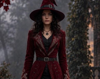 Puede incluir: Un abrigo largo de terciopelo rojo intenso con bordados intrincados en las solapas y puños, sobre una blusa y pantalones negros. El conjunto incluye un sombrero puntiagudo de ala ancha a juego con hebilla y un cinturón negro con hebilla.