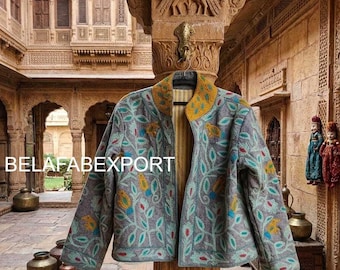 grey Embroidered Suzani Cotton Jacket, Boho Ethnic Floral Bird Design, Women's Outerwear
