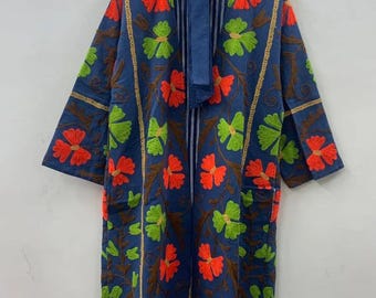 Hand Embroidered Suzani long Kimono Cotton Canvas Floral Robe